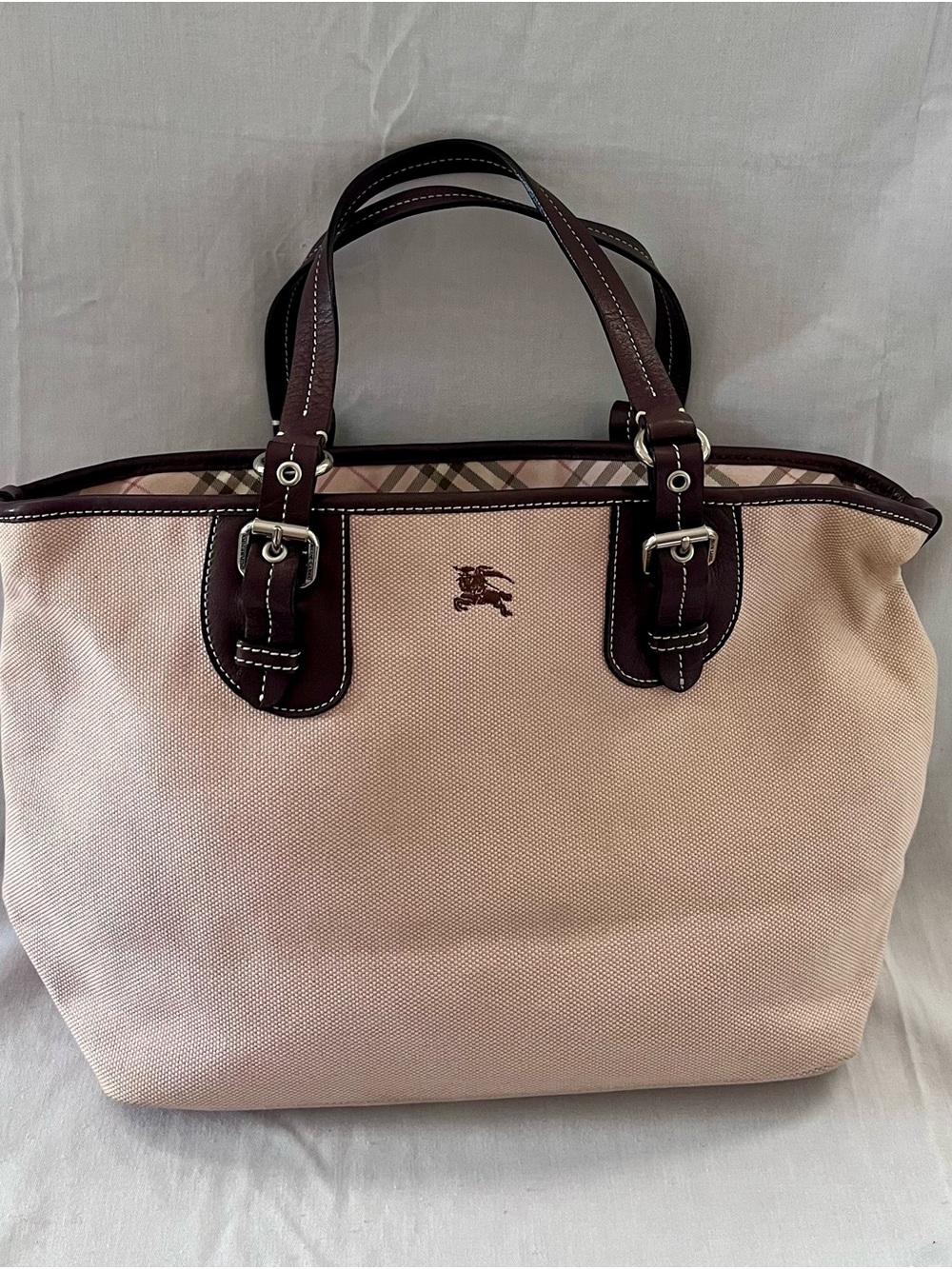 Burberry Blue Label Classic Women’s Tote Bag in Blush with Brown Leather Trim